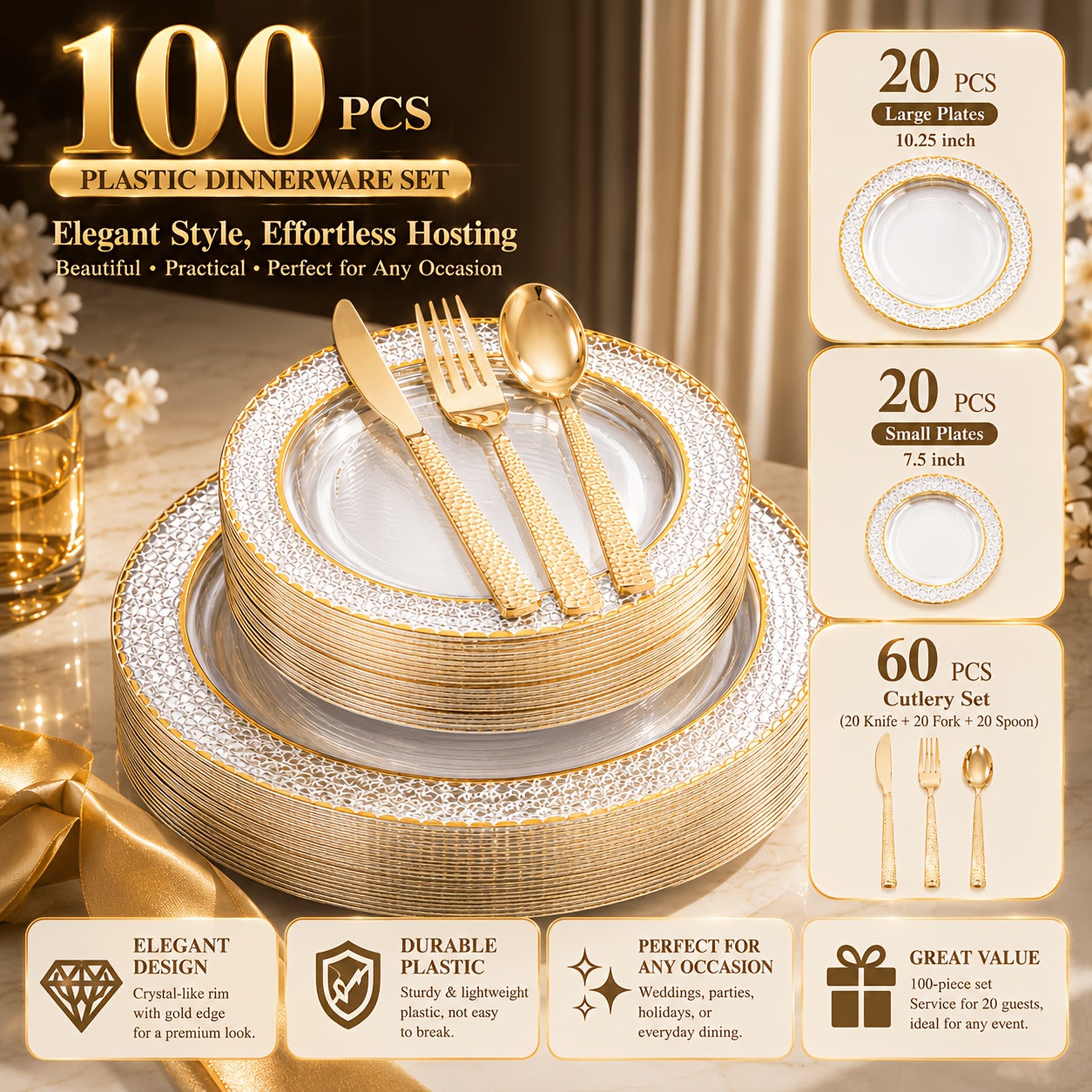 TEMU 100pcs Golden Plastic Cutlery Set, Exquisite And Beautiful Heavy-duty Durable Plastic Cutlery Set, Suitable For 20 Guests, Perfect For Parties,