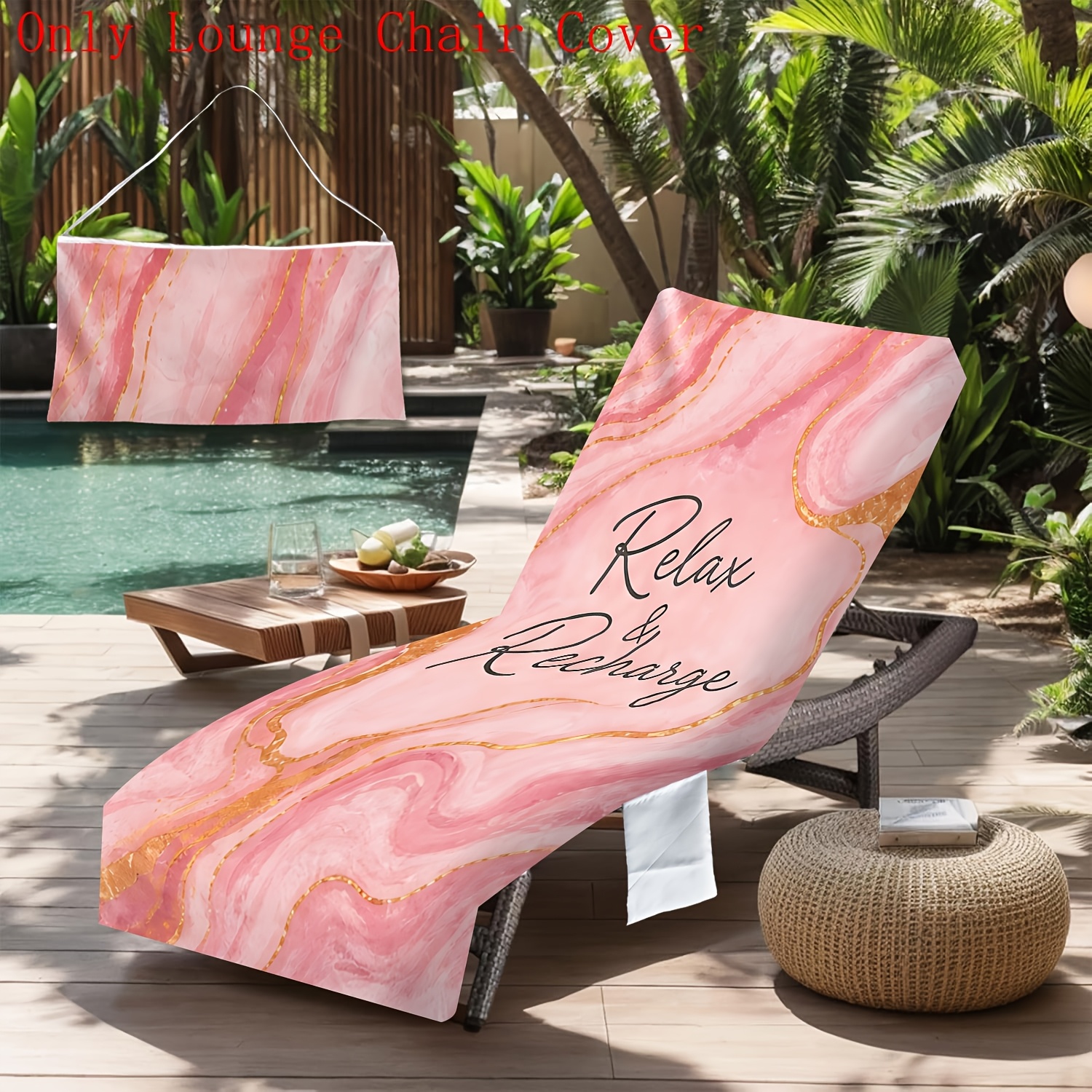 TEMU 1pc Relax Recharge Pink Marble Beach Pool Outdoor Garden Yard Lounge Chair Seat Covers Towels With Pockets, Quick Dry Chaise Lounge Cover