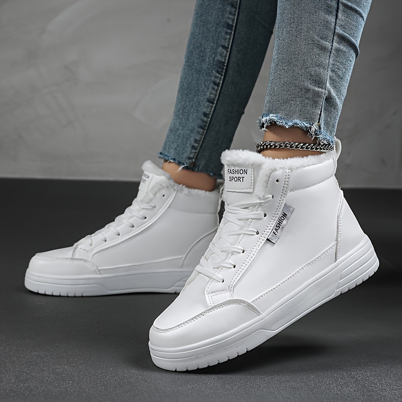 

Women's Casual Mid-top Sneakers With Winter Plush, Solid Color, Standard Toe Style, Synthetic Faux Leather Upper, Fabric And Insole, Eva Outsole For Sports And Outdoor Activities