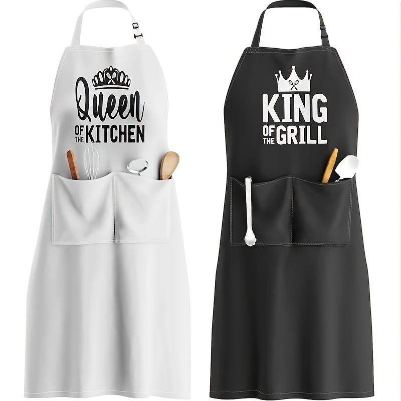 Two-pack Of Polyester Couple Aprons With Adjustable Neck Strap And Letter Design, Holiday Gift, Home Kitchen Apron, For Valentine