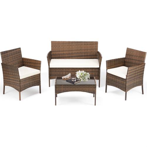 4pcs patio furniture set all weather pe wicker outdoor conversation set with soft removable cushions and tempered glass coffee table modern bistro set for balcony porch garden and small spaces