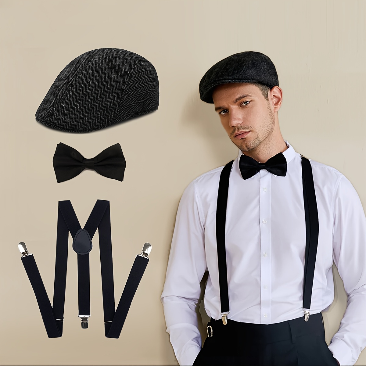 

[3pcs 1920s Men's Accessory Set] 3pcs D Vintage 1920s Men's Accessory Set, Polyester Newsboy Cap, Y-back Suspenders, Pre-tied Bow Tie, Hand Washable, With Hat For Costume