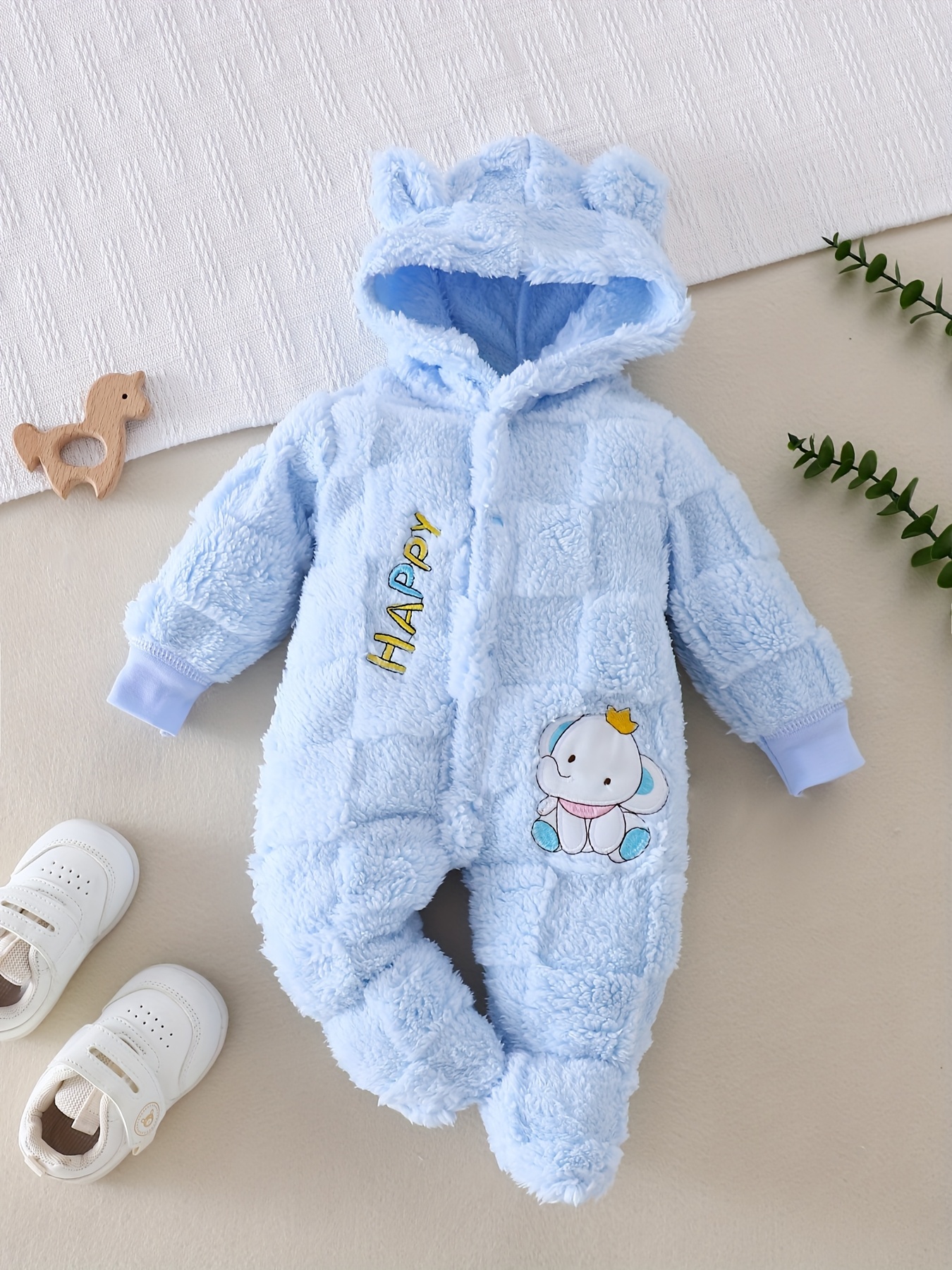 thick and warm onesie for infants suitable for autumn and winter featuring a plush hooded design this 0 9 month outfit has a cute 3d elephant patch and happy embroidered letters   casual   for outdoor