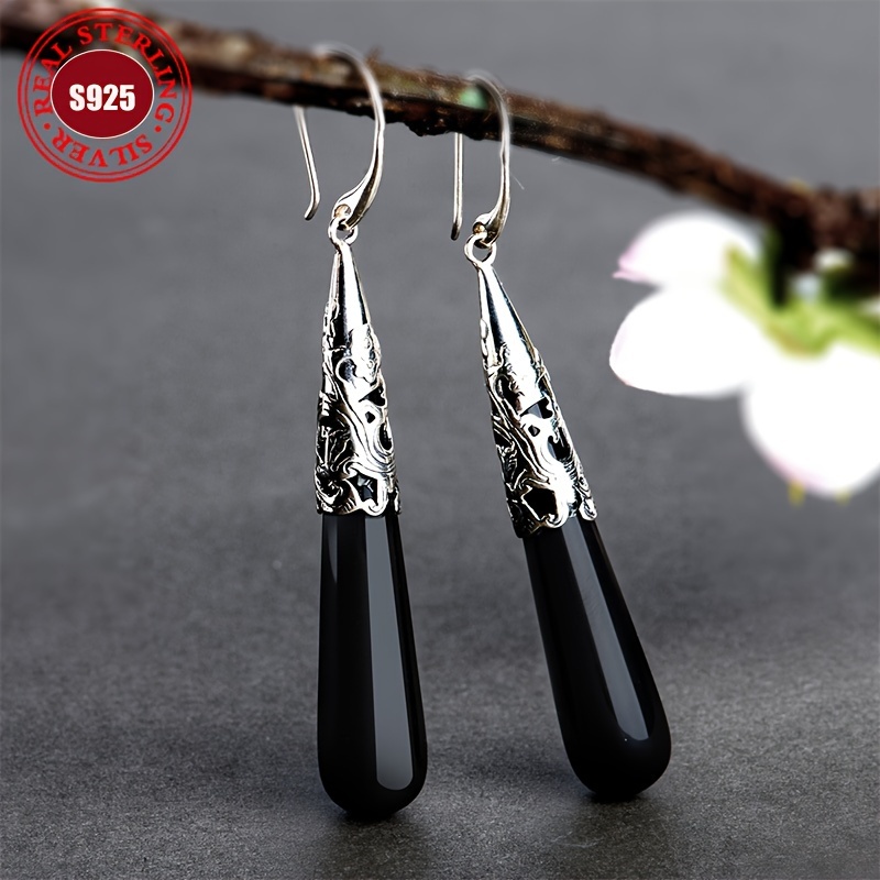 

Pair Of Women's Fashion Earrings Vintage Black Jade Long Style Drop Column Earrings Classic 3g 925 Silver Party Vacation Gift