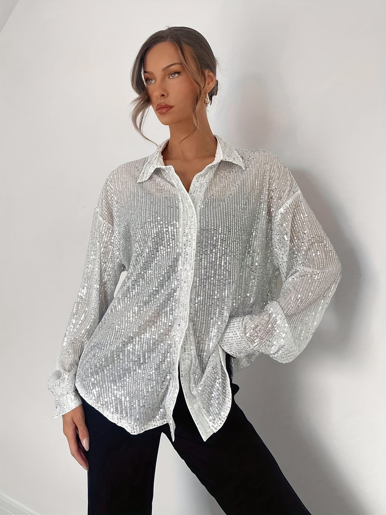 womens elegant sequin long sleeve shirt loose fit semi sheer