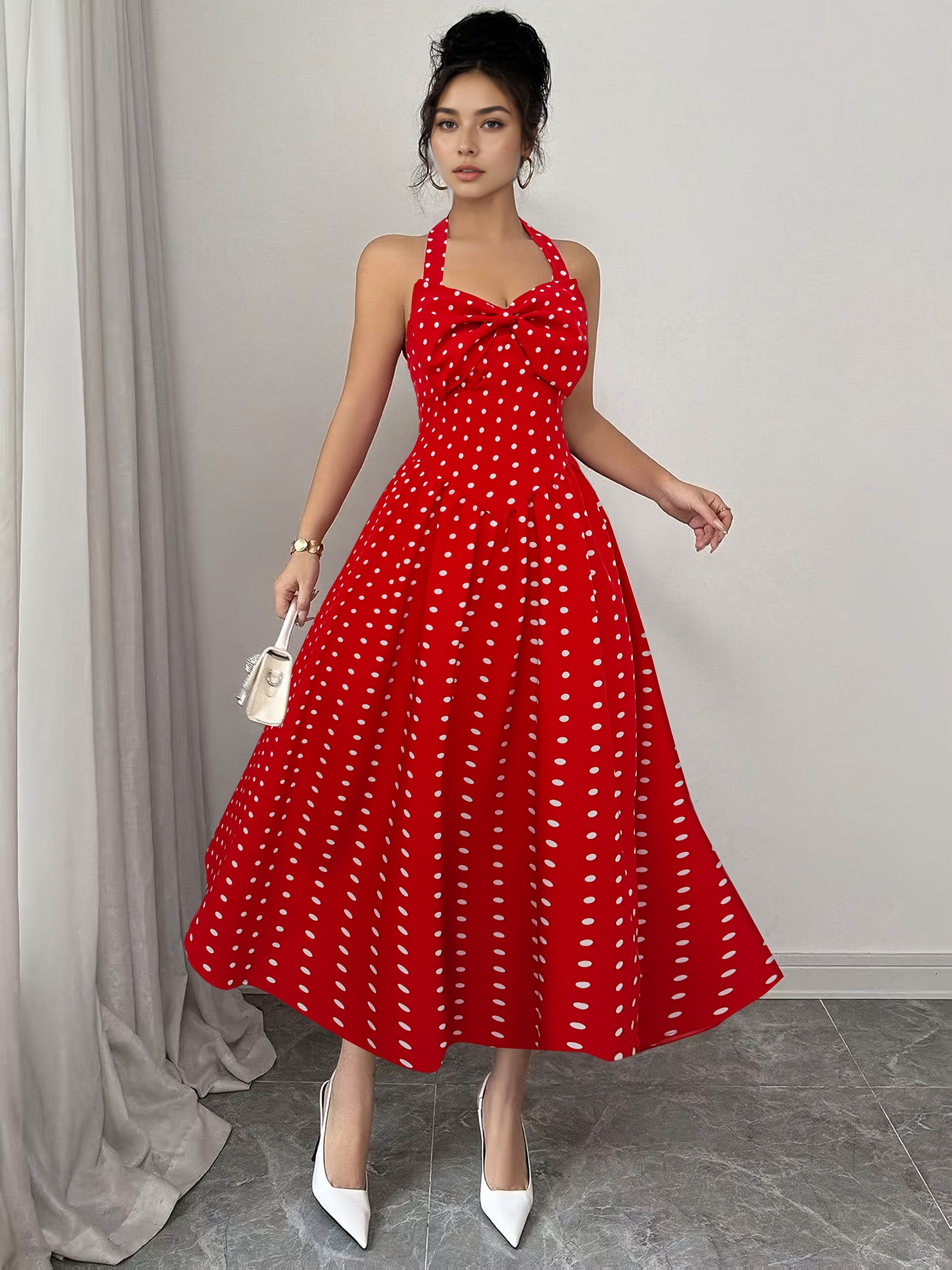 Spring-Summer * Vintage Sweetheart Bow Red Polka Dot Halter Neck Dress  Tie-Back Vest Long Dress