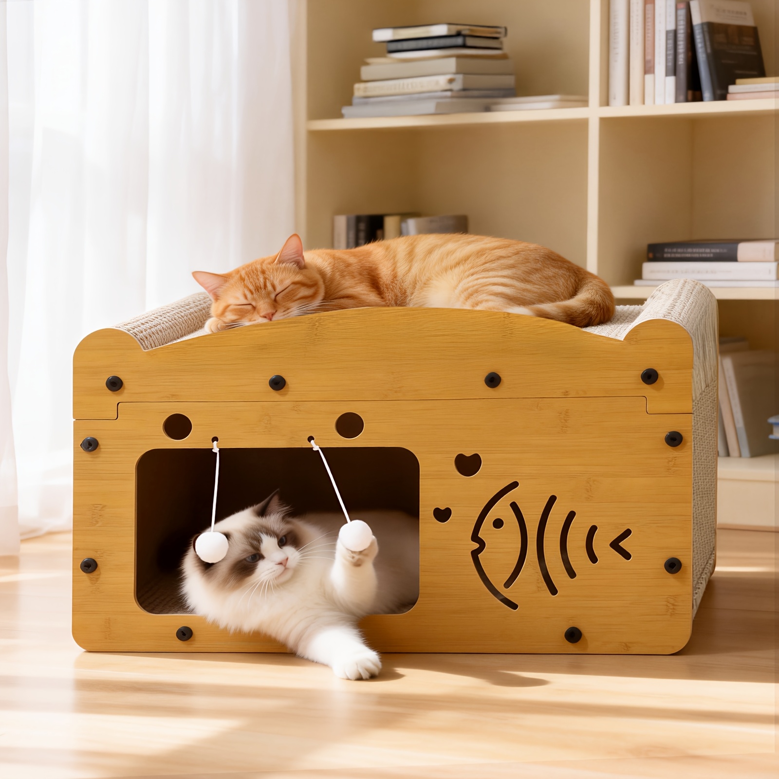Bubble Scratching Board, Natural Wood Single-layer Cat Bed, Integrated Scratching