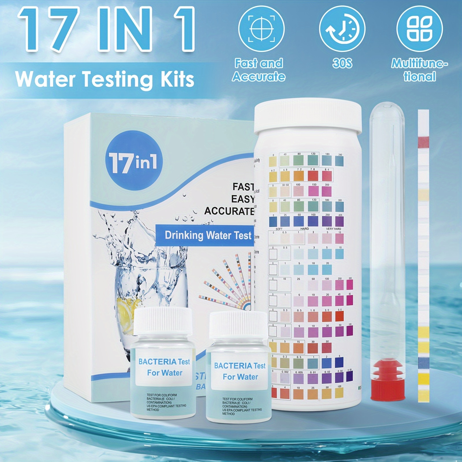 Testeur d’eau 16 en 1, dureté de l’eau, bandelettes de test d’eau du  robinet 100, kit de test d’eau pour le plomb, le pH, le cuivre, le fer, le