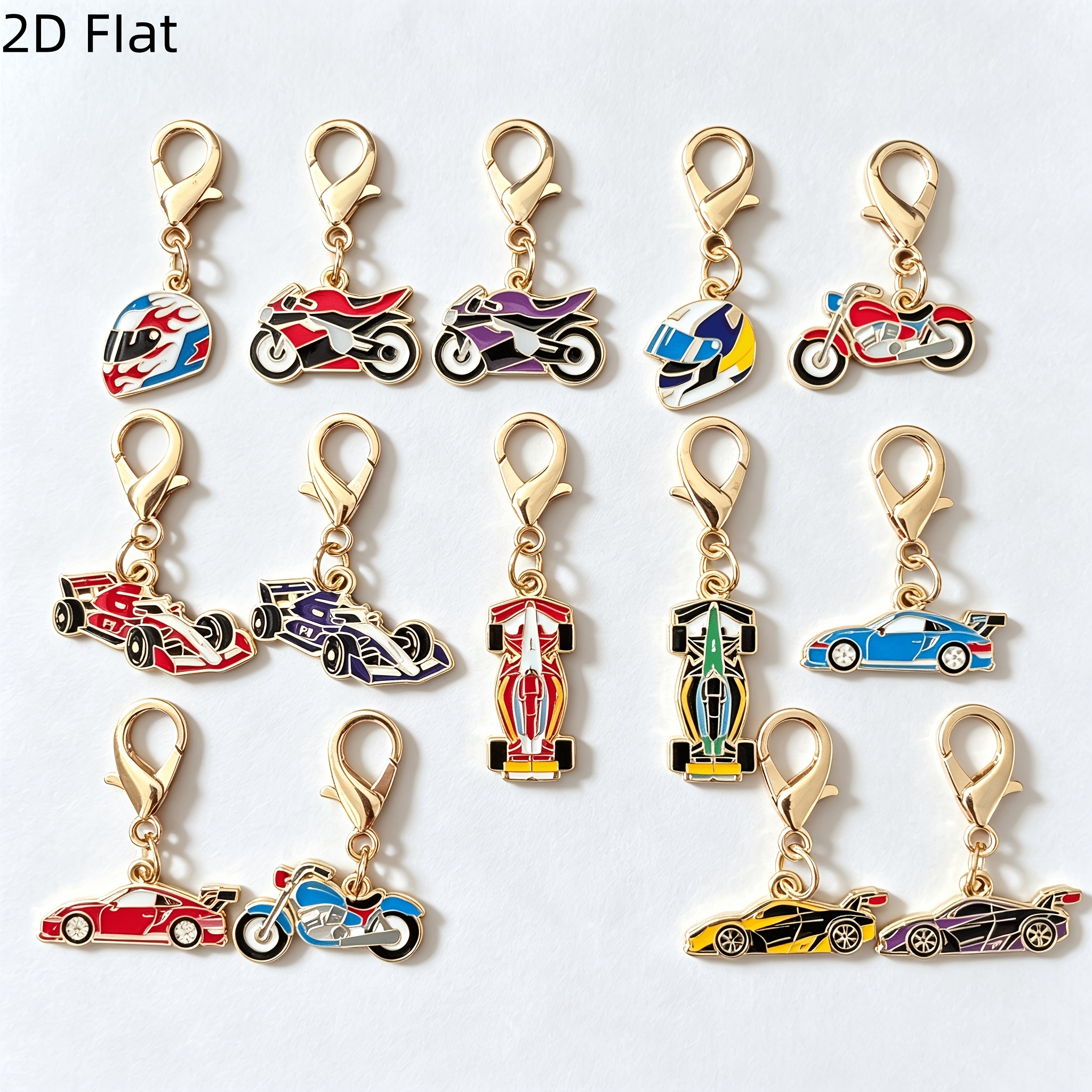 TEMU 2d Flat, 14pcs Cartoon 2d Flat Cool Motorcycle Keychains, Helmet Key Pendants, Racing Keychains, Wallet Backpack Decor Luggage Tags, Birthday