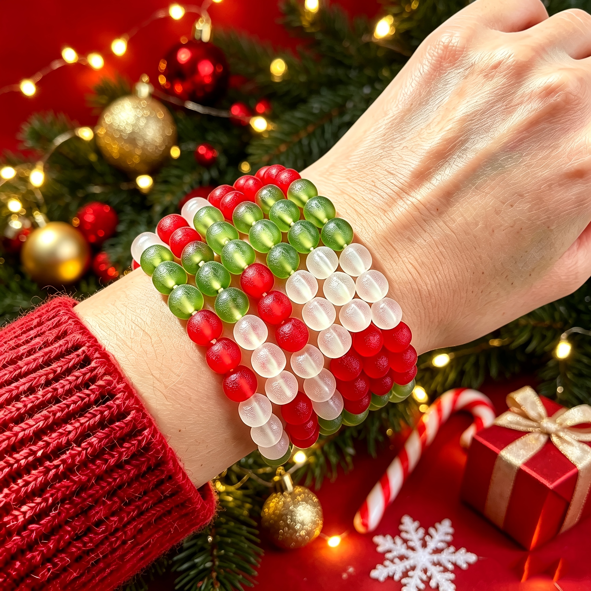 8pc Minimalist Red & Green Frosted Bead Bracelet Set