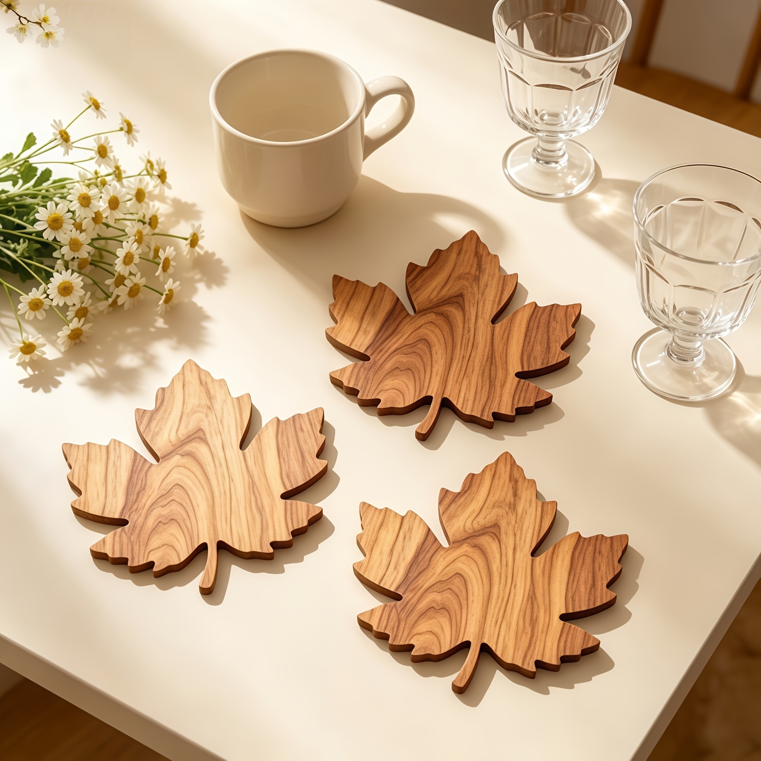 TEMU 2d Flat, 3pcs Maple Leaf Shaped Wooden Coasters Set - Desktop Additions, Non-slip And Heat-resistant - Home And Restaurant Decor, Suitable For