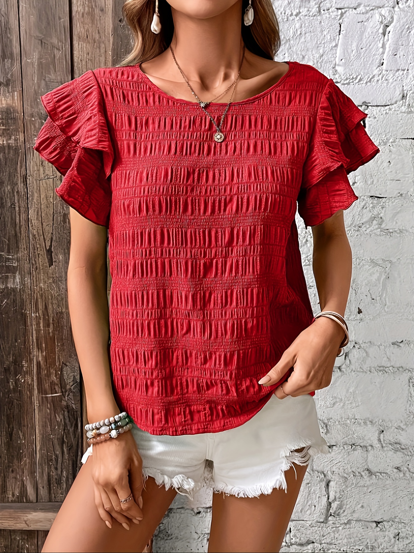 Solid Textured Crew Neck Blouse Elegant Layered Ruffle Trim - Temu