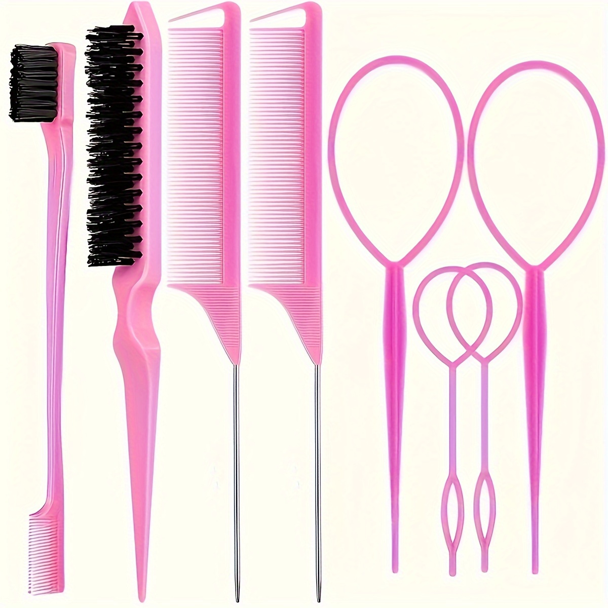 TEMU 8pcs Hair Brushes, 4pcs Topsy Hair Tail Tools 1pc Bristle Teasing Hair Brush 1pc Edge Control Brush 2pcs Metal Pin Rat Tail Combs For Woman Girl Hair Styling,edge&back Brushing,