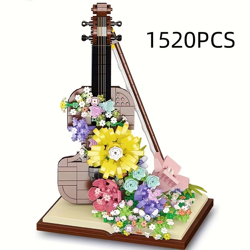 

1520pcs Flower Bouquet Violin Building Blocks Set, Decorative Musical Instrument Model Kit, Educational Construction Toy For Adults, Creative Valentine's Day, Mother's Day, Birthday Gift For Teens 14+