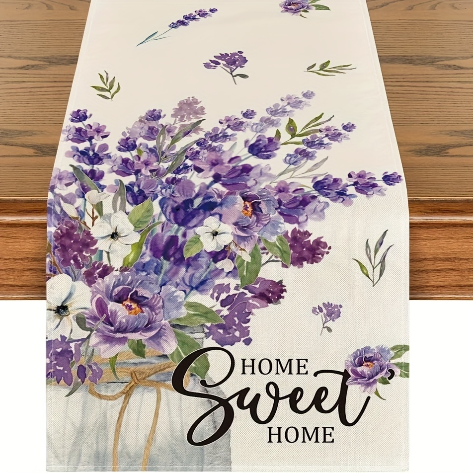 

1pc, Table Runner, Purple Lavender Printed Table Runner, Spring Theme Floral Design, Dustproof & Wipe Clean Table Runner, Perfect For Home Party Decor, Dining Table Decoration, Aesthetic Room Decor