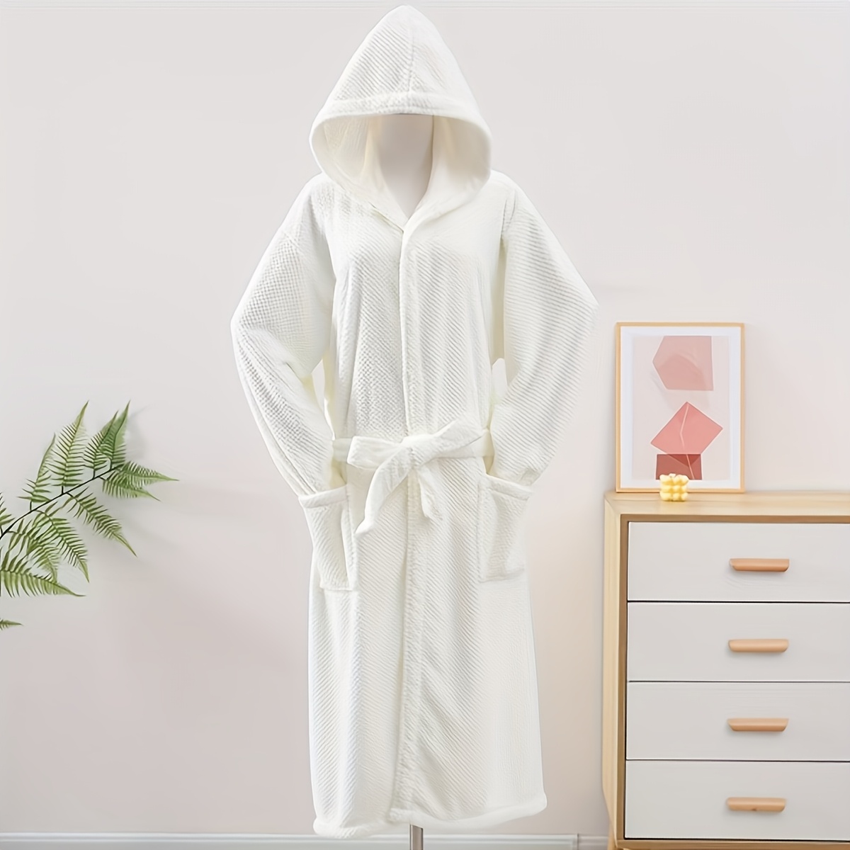 1pc Women S Cozy Hooded Bathrobe - Soft Polyester, Long Sleeve, Button- , Pockets,    , Beige, Bath Towel Robe, Bathrobe, Wash Cloths