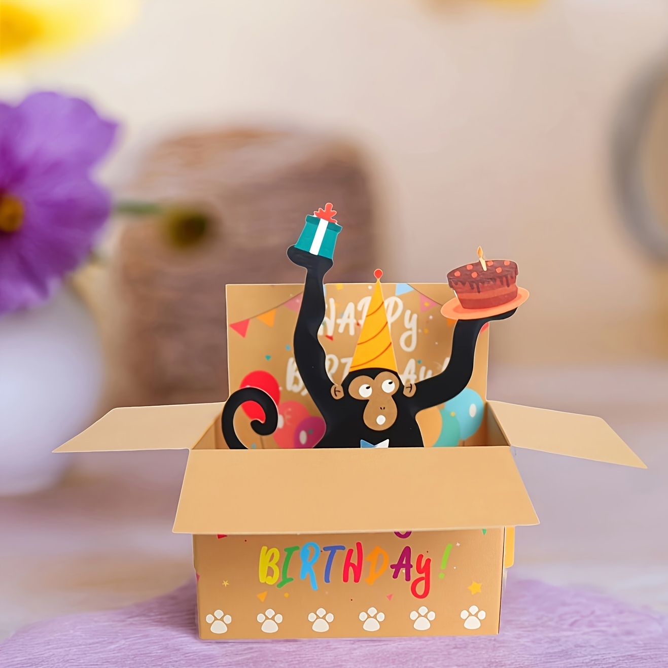 1pc Delicate Funny Happy Birthday Pop Up Card, Monkey 3d Card With Space For Writing On The Back And , Birthday Greeting Card, Home Decor