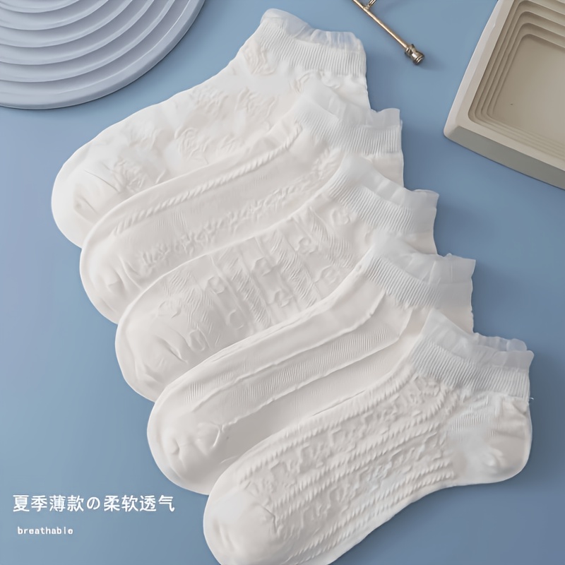 E-shop 5er-Pack Damen Kurze Socken Frühling Sommer Dünne Atmungsaktive Einfarbige Weiche Bequeme Knöchelsocken Kurze Socken mit flachem Bund für den