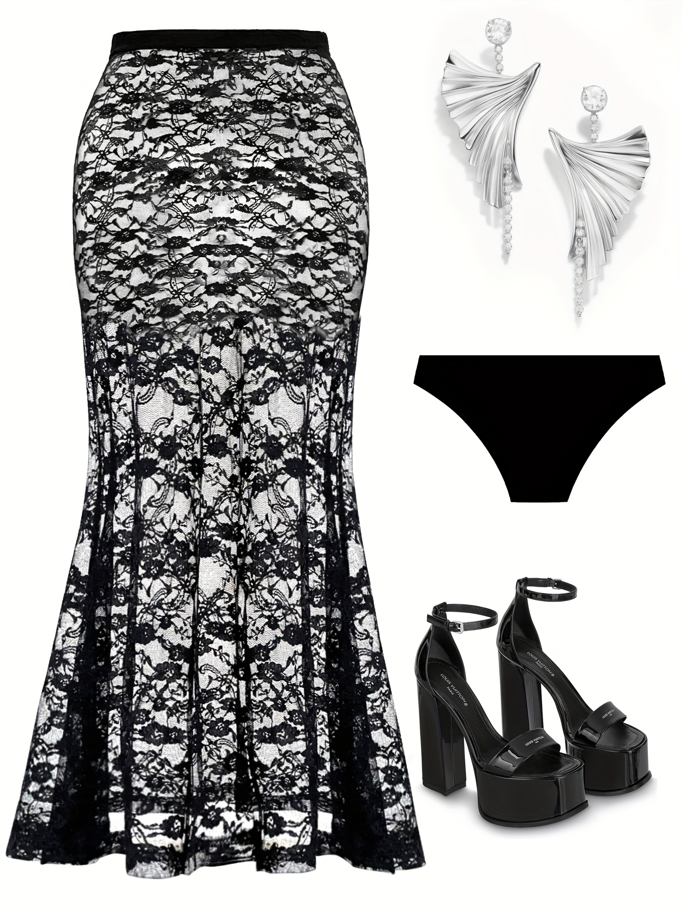 elegant black lace mermaid skirt high waisted sheer summer Temu