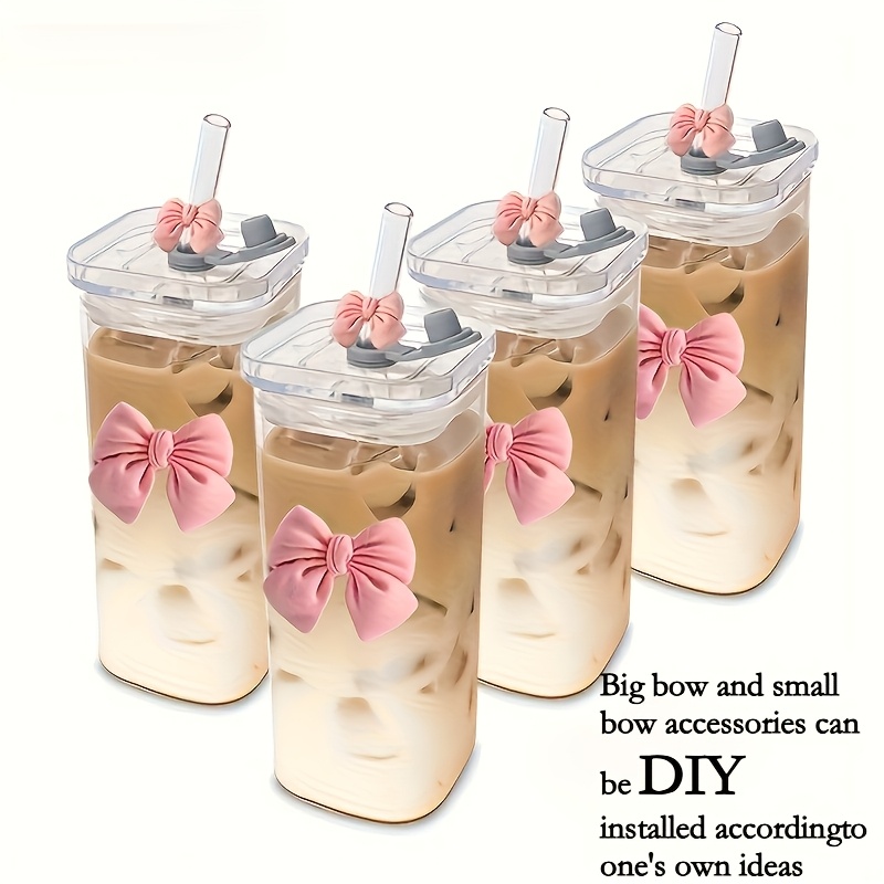 TEMU 4/6pcs Square Glass Cups For Autumn And Winter, Perfect For Milk Tea, Portable Bowknot Drinking Cups, 12oz/350ml Glass Cups With Lid And Straw,