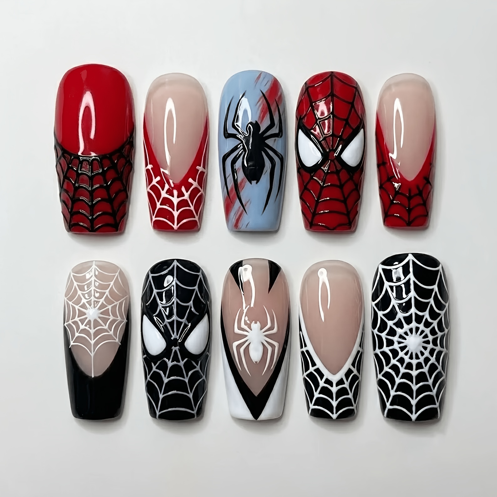 10pcs Long Coffin Web Press-on Nails, Red Black Blue Matching, Hand-painted And Web Patterns, Style, Perfect For Daily And Party Wear
