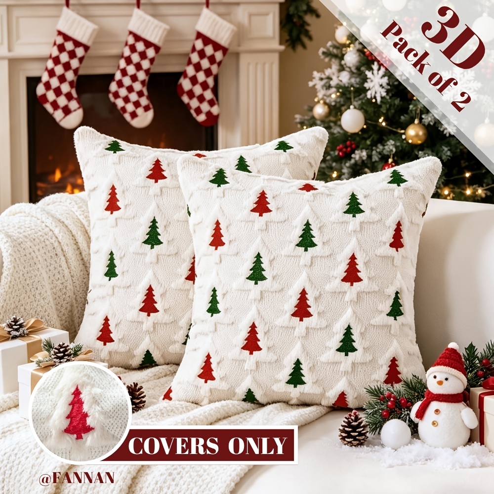 TEMU 2pcs Red Green Christmas Tree 3d Embroidered Plush Throw Pillow Covers 18x18 Inch French Vintage Cute Scandinavian Soft Cozy Colorful Cushion