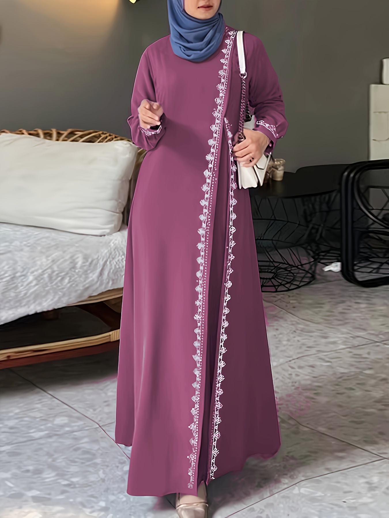 spring lace crochet long dress muslim robe elegant - Temu Pakistan