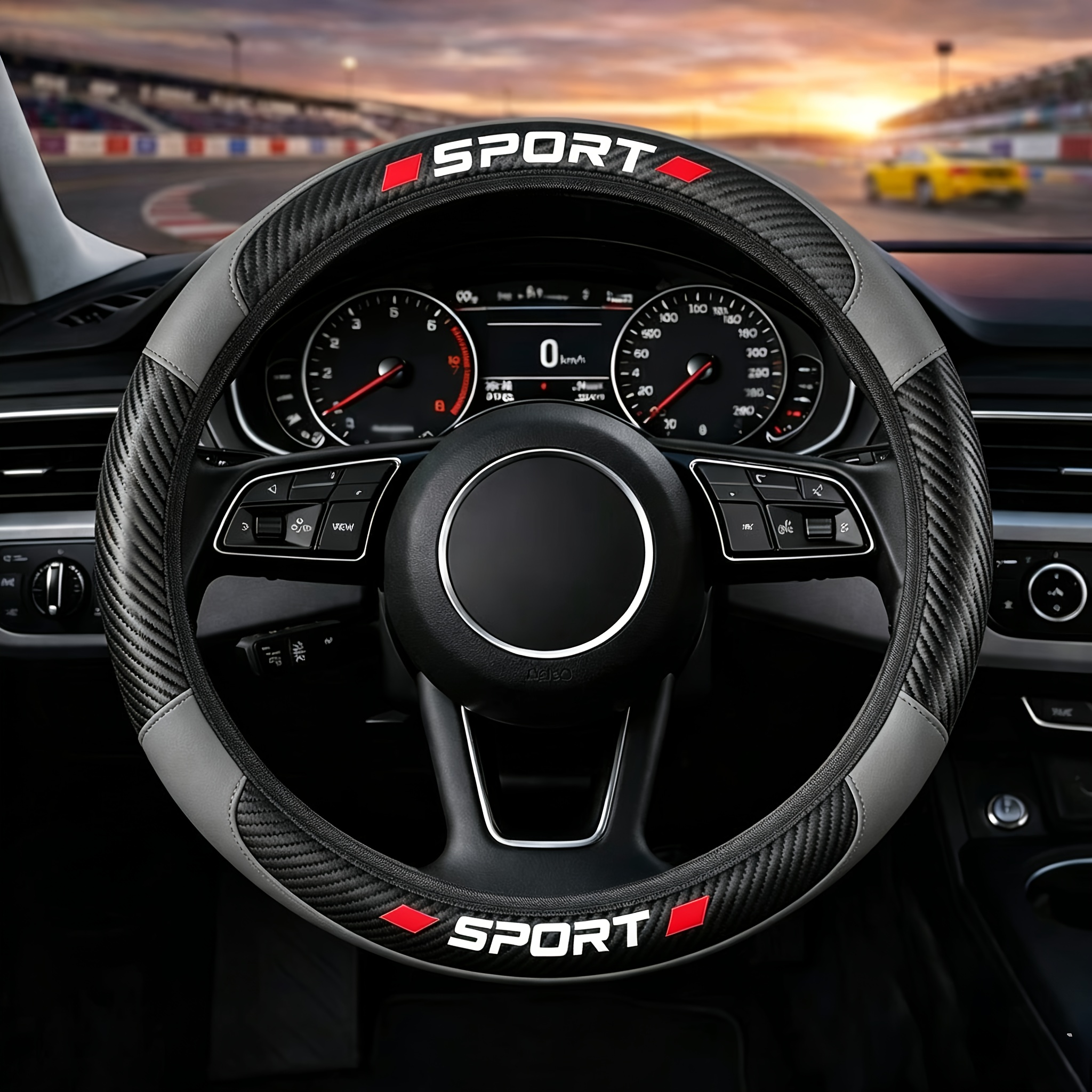 TEMU 1pc Car Steering Wheel Cover Compatible For All Vehicles, Carbon Fiber & Pu Leather Splicing Wheel With Sport Lettering, Suitable For All- Use,