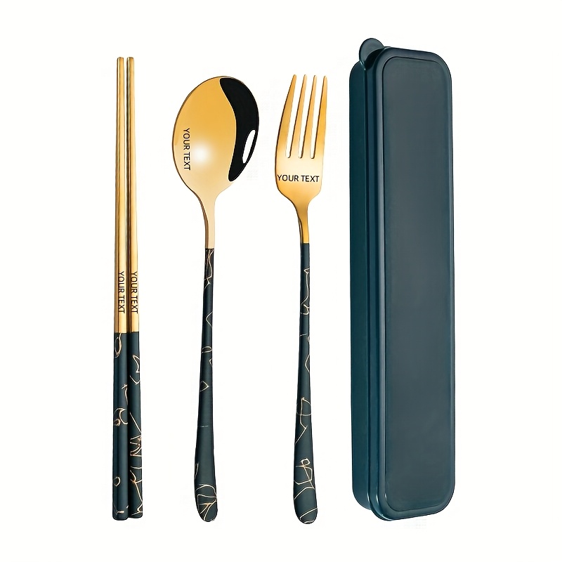 TEMU Personnalisation sur Mesure, Ensemble de Couverts de Voyage en Acier Inoxydable Portable 3 Pièces avec Boîte à Couverts, Incluant , , Cuillères