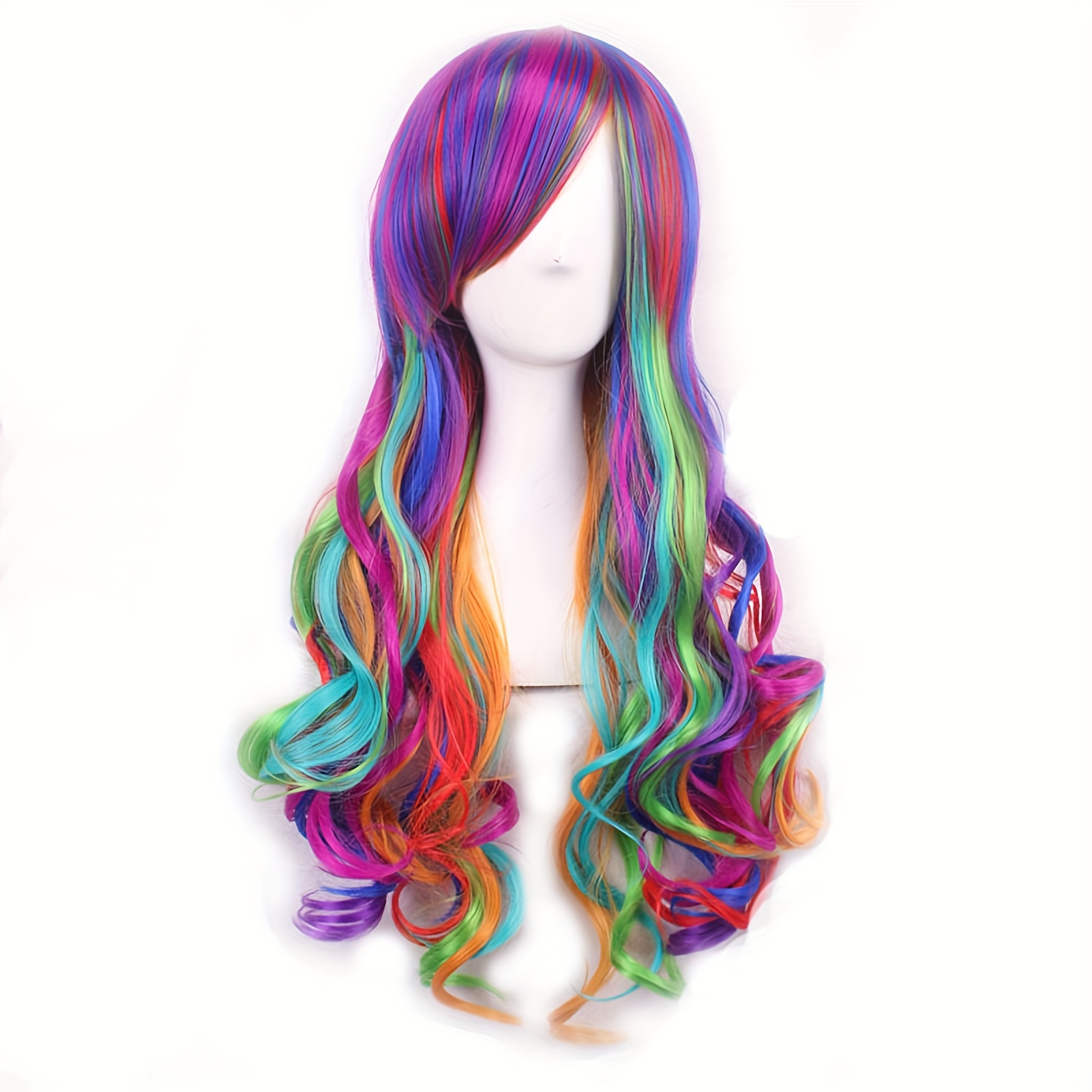 

Rainbow Curly Wavy Full Wig For Women, Elastic Net Cap, Suitable For All, Anime Cosplay Costume Party Hair Wigs