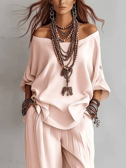 item picture bk260512079 spring summer autumn womens fashion suit blouse with large round neck and off shoulder design side slits on blouse one shoulder wear long sleeves to short sleeves trousers with pockets casual vacation travel