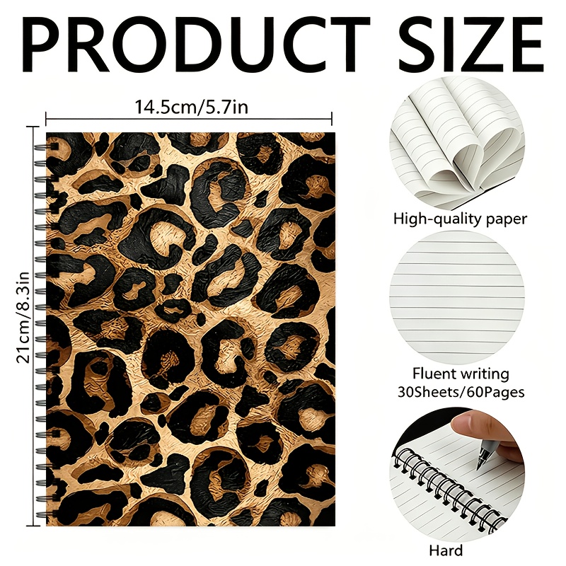 TEMU Leopard Print Themed Spiral Lined Notebook, With A Total Of 60 Pages, Spiral-bound, High-quality Paper, Suitable For School And Office Use,