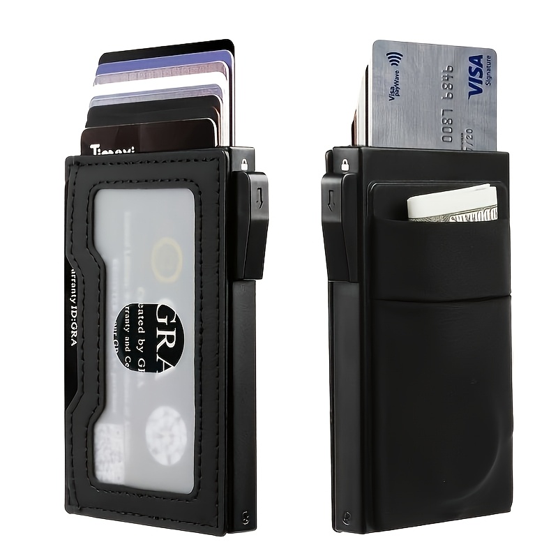 TEMU Men'-thin Rfid Credit Card Wallet With Id Window | Multi-functional Aluminum Holder, Front Strap, Accommodates 12 Cards, Unlined