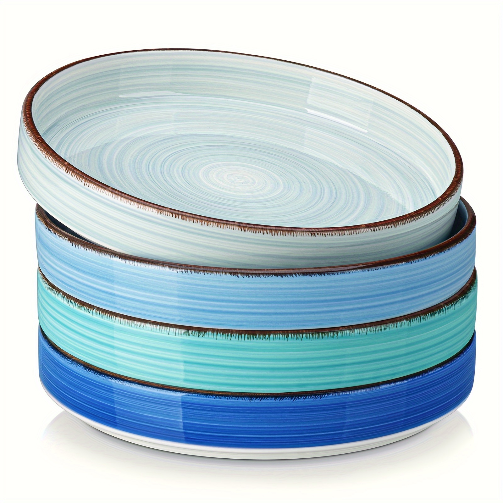 

4pcs Striped Ceramic Bowl Set - 1000ml Large, Microwave & Dishwasher Safe, Stoneware With Wooden Accents For Pasta, Soup & Serving - Space-saving Stackable Design, Pasta Bowls