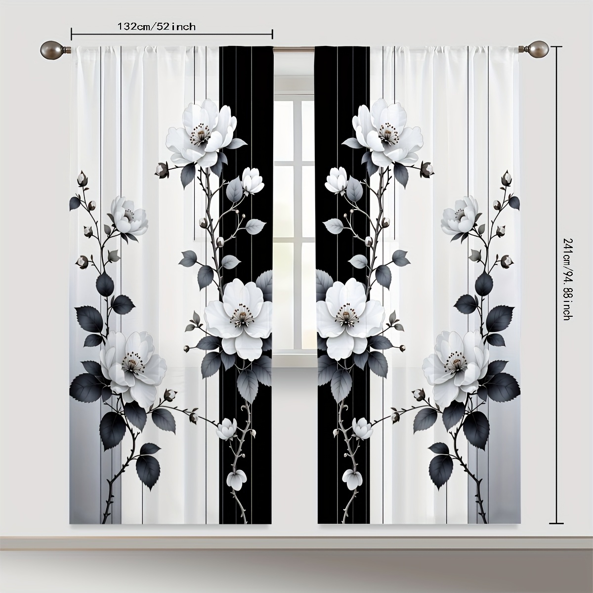 TEMU 2pcs Black & White Floral Sheer Curtains - Elegant Vertical Pattern, Breathable Polyester Fabric, Semi-transparent Privacy Gauze For Living Room