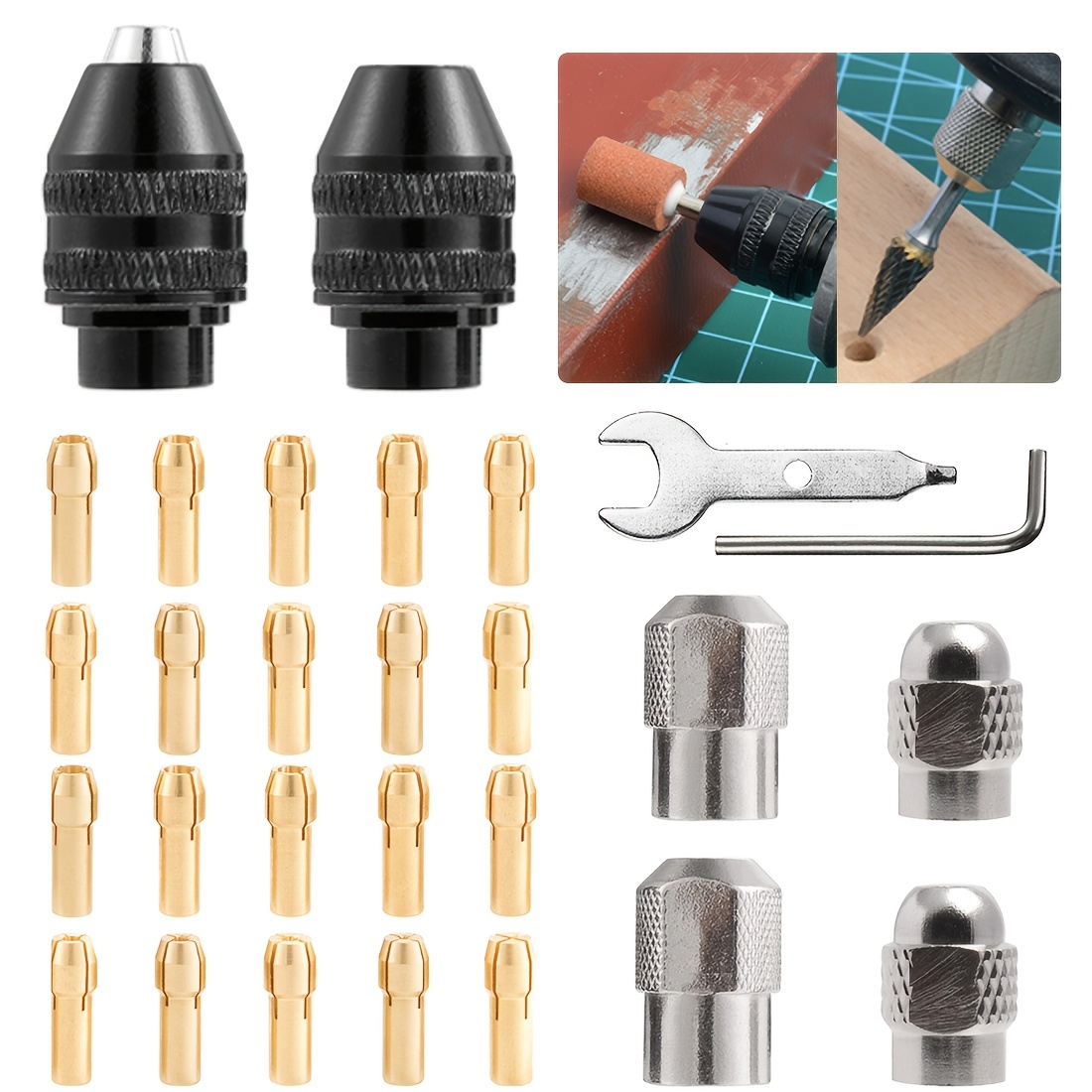 28pcs Drill Collet Set For Rotary Tool, Collet Kit, 0.8-3.2mm Shank Replacement 4486 Rotary Tool Keyless Quick Change Accessory With Replacement 4485 Brass Collet Nut