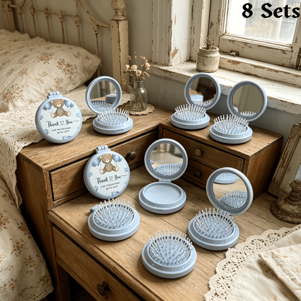 TEMU 8 Sets de Cepillos para el Cabello con Espejo de Oso de Peluche Azul - Detalles de Agradecimiento para Baby Shower, Artículos de Bolsillo