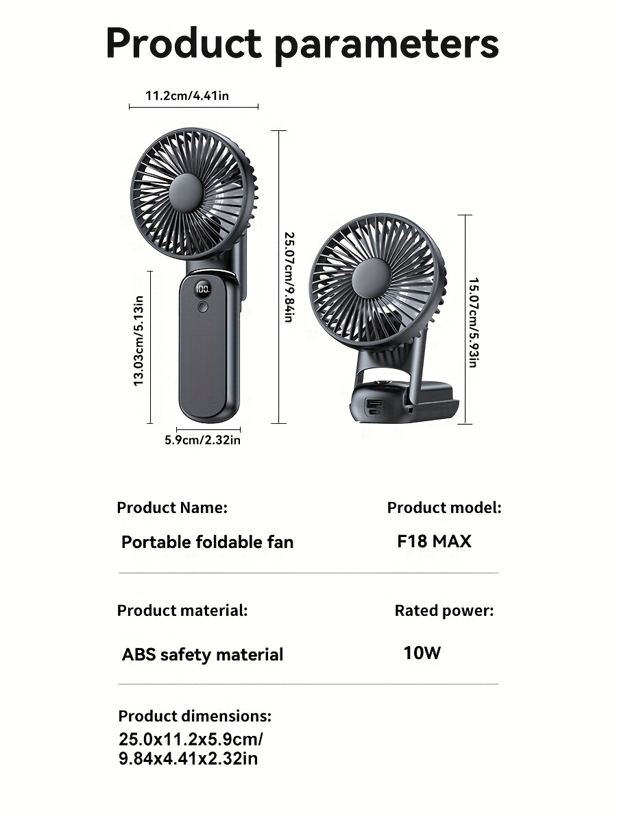 Handheld folding fan with USB charging, suitable for desktop office use, bedroom, outdoor travel, camping, neck hanging, students' classes, five wind levels, power level display, long-lasting battery life of 6000mAh, with charging treasure function