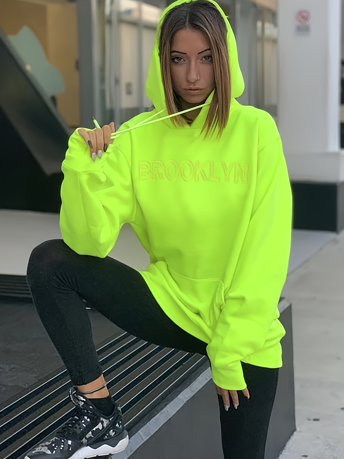 womens lime green hooded sweatshirt neon yellow brooklyn Temu