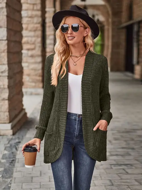 womens lightweight long cardigan with pockets casual open front sweater olive green ribbed texture long sleeve machine washable fall and spring lightweight cardigan