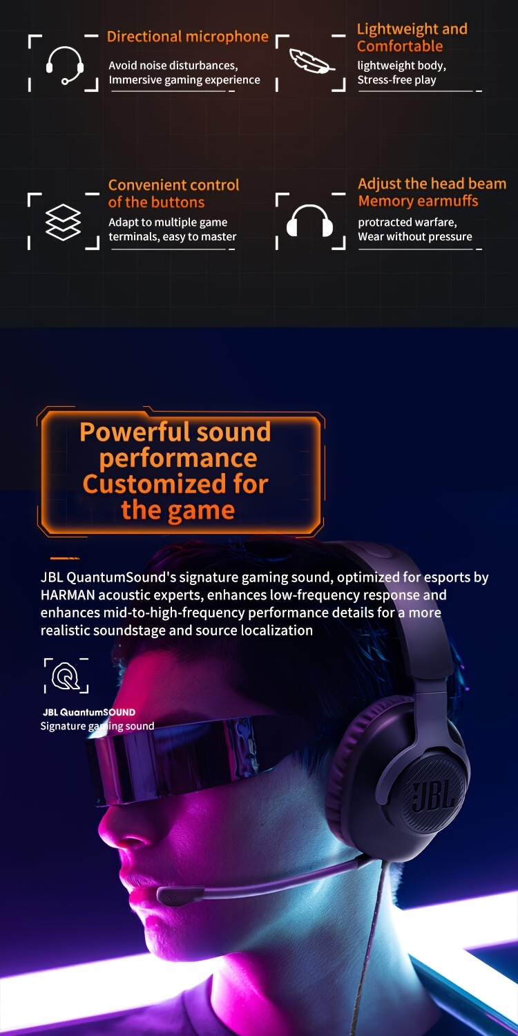 JBL Quantum 100 Over-Ear Gaming Headset, Music Playback Headset, Gaming Headset 3.5mm Connector, Clearly Distinguish Microphone, Mobile Phone, Computer Headset, Gaming Wired Headset