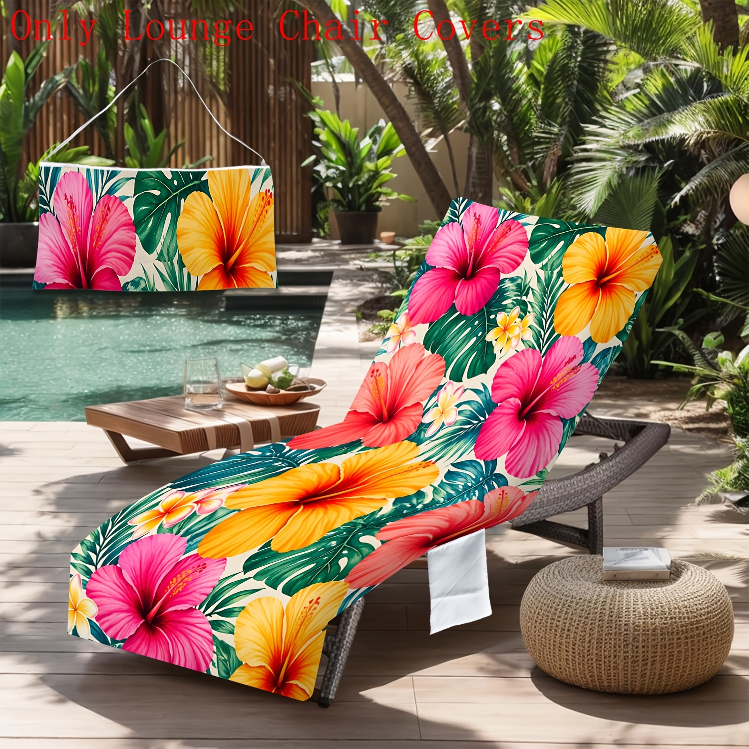 TEMU 1 Housse de serviette extra large pour chaise longue de , motif floral tropical hawaïen d'été avec hibiscus, 2 poches, pour piscine, jardin,