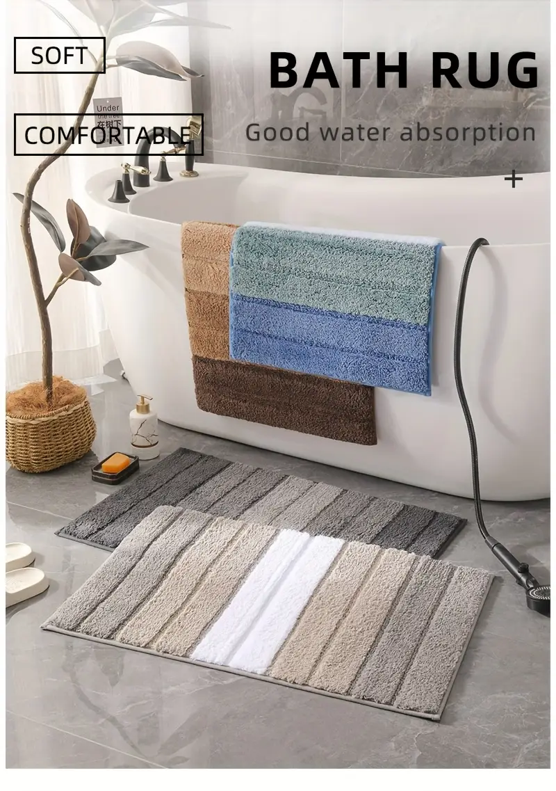 1pc striped flocking bath mat luxury thick ultra bathroom door mat non slip super soft absorbent bath rug machine washable bathroom mat suitable for bedroom living room kitchen entrance mat Product details 0