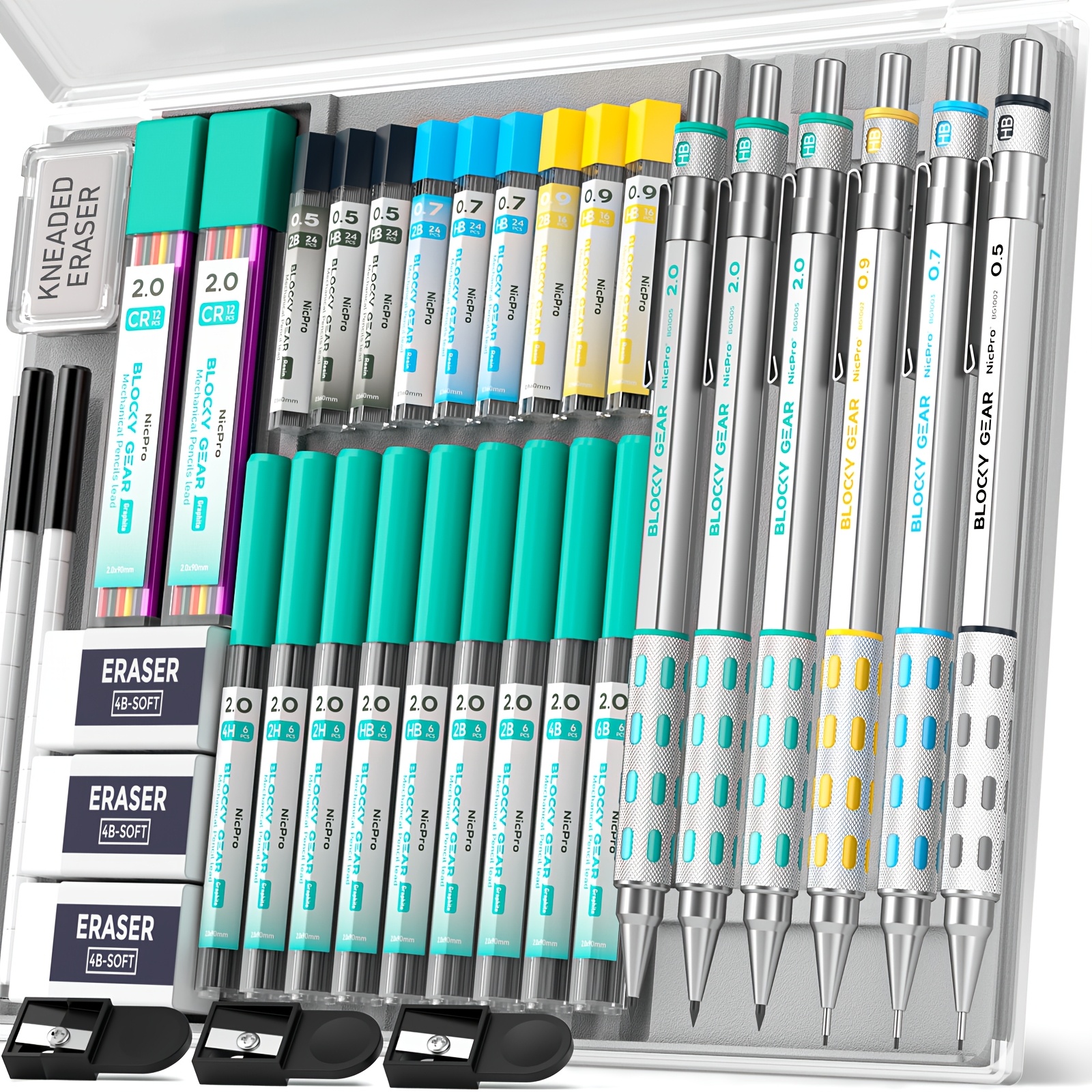Image of Gear Art Mechanical Pencil Set With Case, Metal Mechanical Pencils 0.5, 0.7, 0.9mm & 2mm Lead Holder For Drawing Sketching With 20 Tubes (6b 4b 2b Hb 2h 4h Colors) Lead Refills