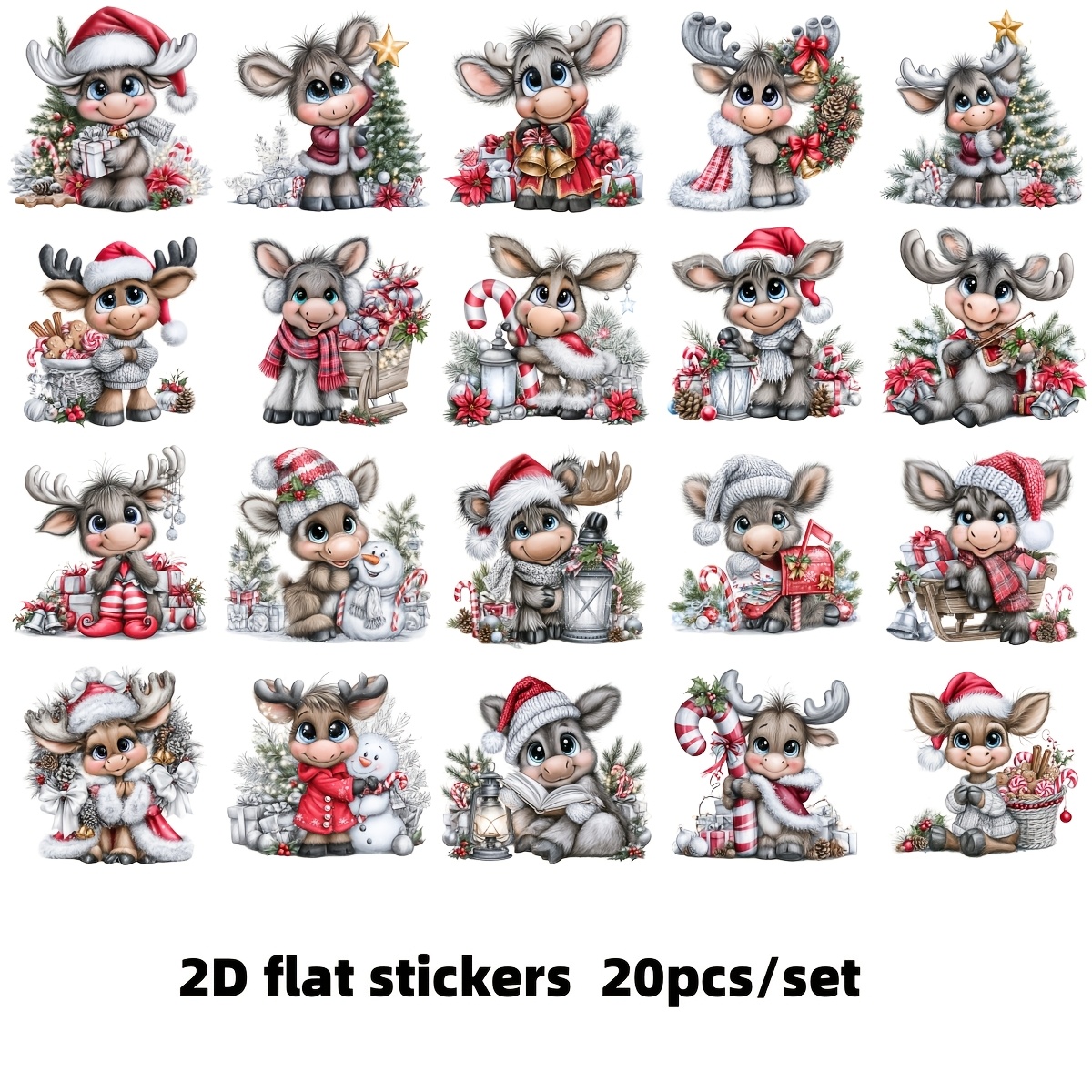 TEMU 20pcs/set 2d Flat Stickers, Whimsical Christmas Reindeer Aesthetic Decorative Stickers - Suitable For Various Crafts, Scrapbooks, Suitcases,