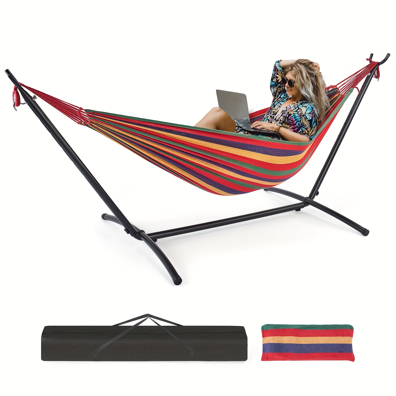 double hammock with space saving stand heavy duty   portable for outside indoor use 450lbs capacity easy assembly carrying bag included colorful stripes Product details 1