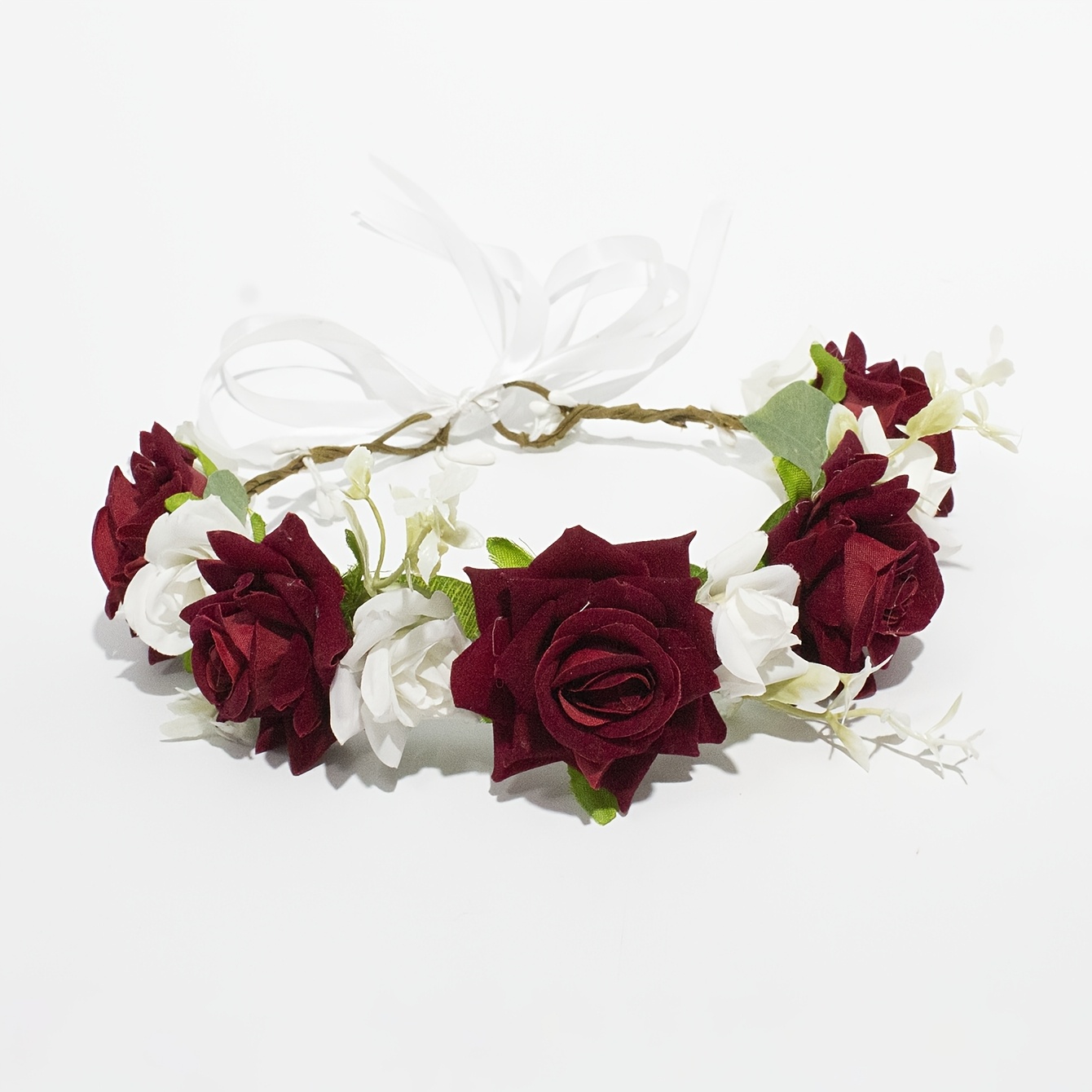 TEMU 1pc Elegant Rose Bridal Crown With Satin Ribbon - Adjustable Faux Floral Headpiece For Weddings, Valentine's Day, Birthdays, Prom & Parties -