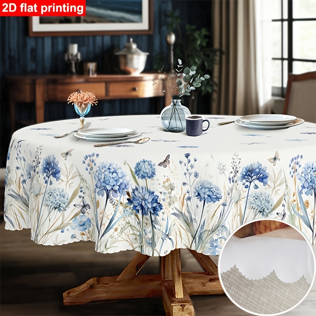 TEMU 1pc Tablecloth 2d Flat Round Scalloped Retro Style Hydrangea And Leaf Floral Tablecloth | Blue White Green Design, Polyester Material,