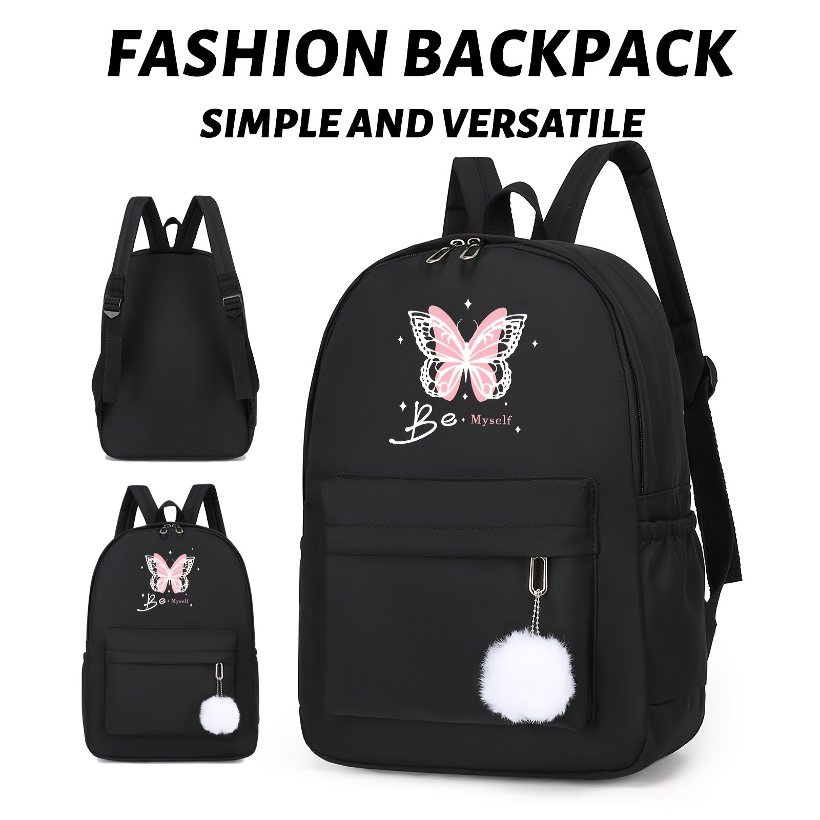 

1pc Fashionable Simple And Versatile Butterfly Print Casual Backpack, Travel Tourism Large Capacity Backpack, Student Multi Functional Schoolbag