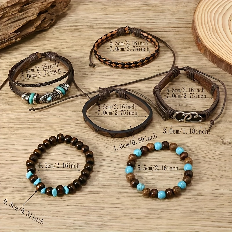 6pcs Set Vintage Minimalist Wooden Bead Crushed Stone Faux Leather Turquoise Men's Bracelets
